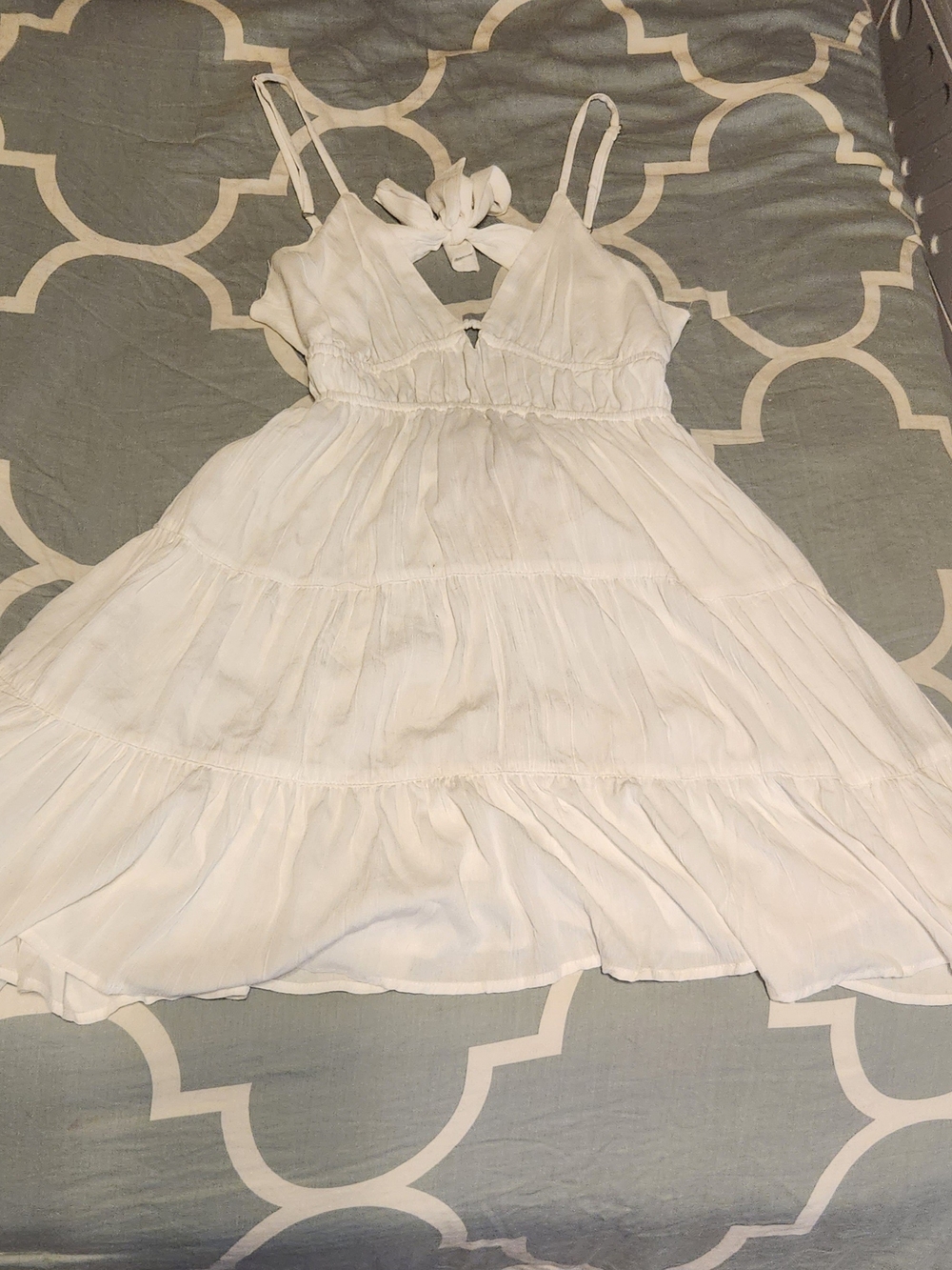 Angie White Backless Tiered Tie-Strap Sundress